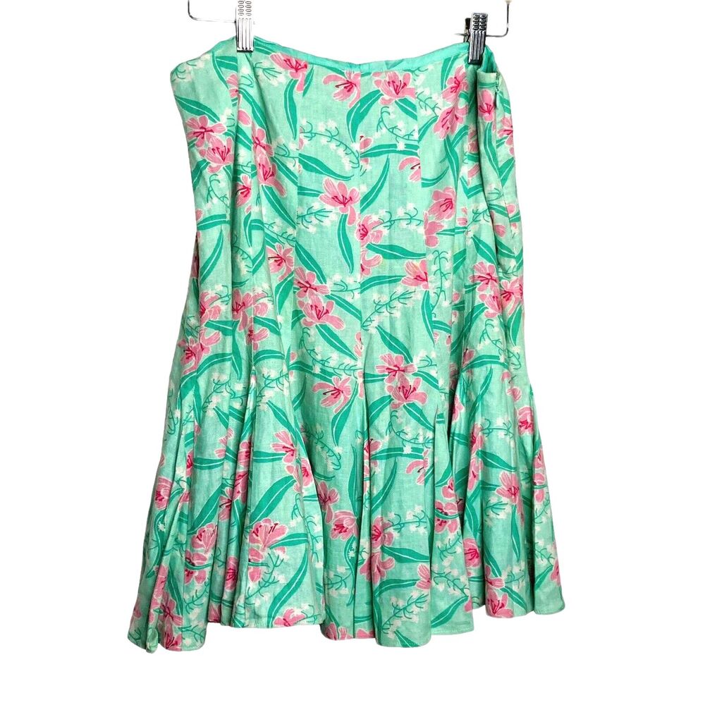 Vision Apparel Vintage Floral Green Linen Blend Midi-Length Skirt Size 8